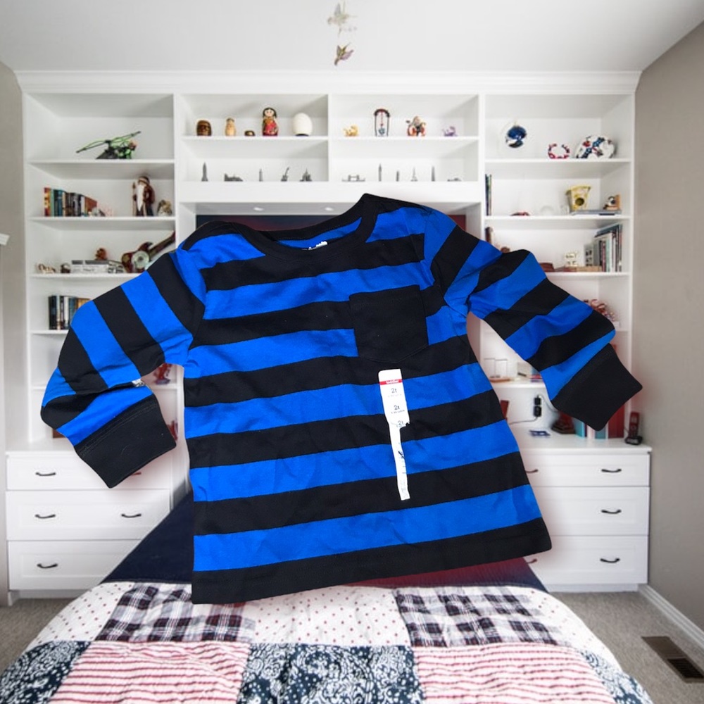 Wonderkids Retro Blue & Black Striped Long Sleeve T Shirt Deadstock NEW NWT